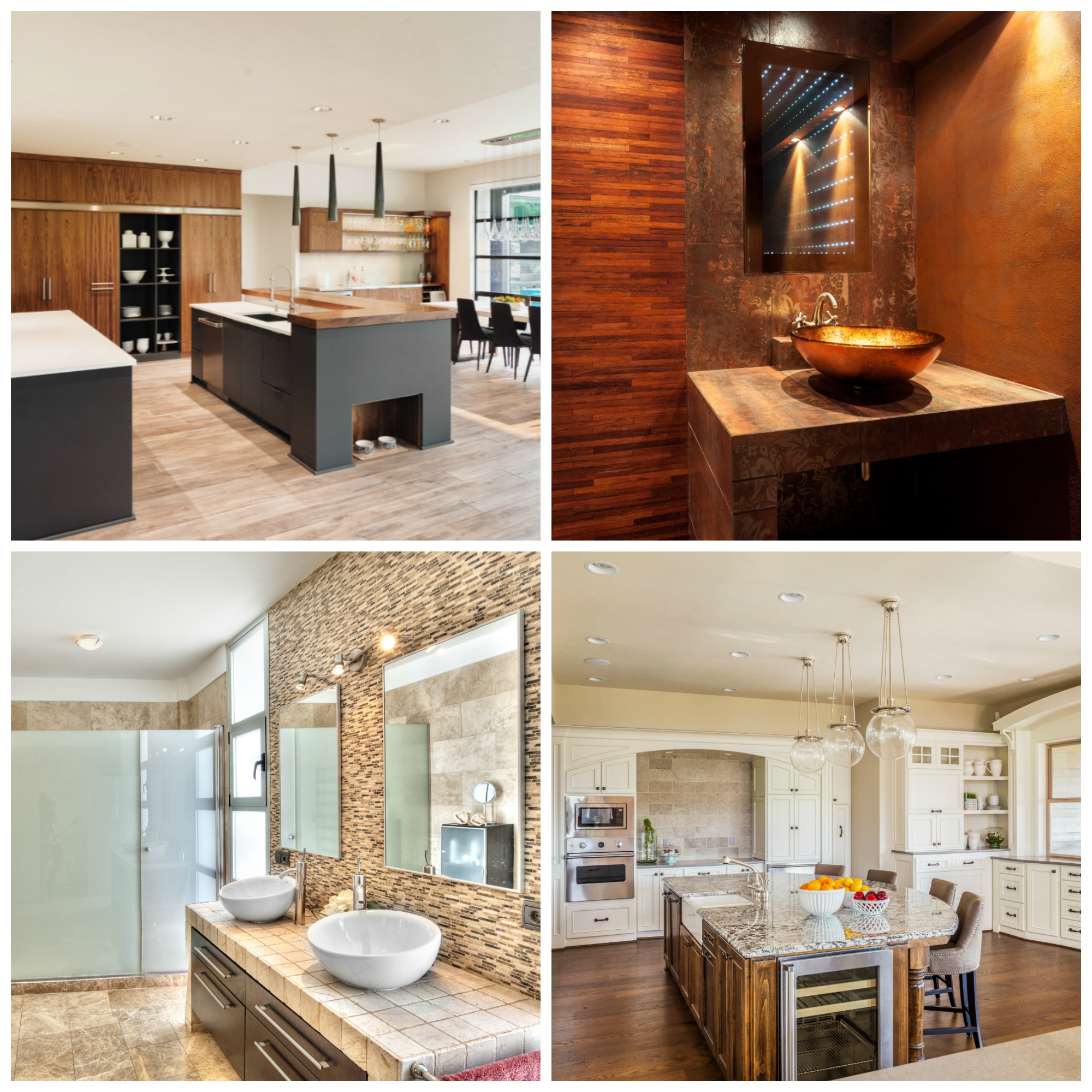 four images of two bathroom remodels and two kitchen remodels
